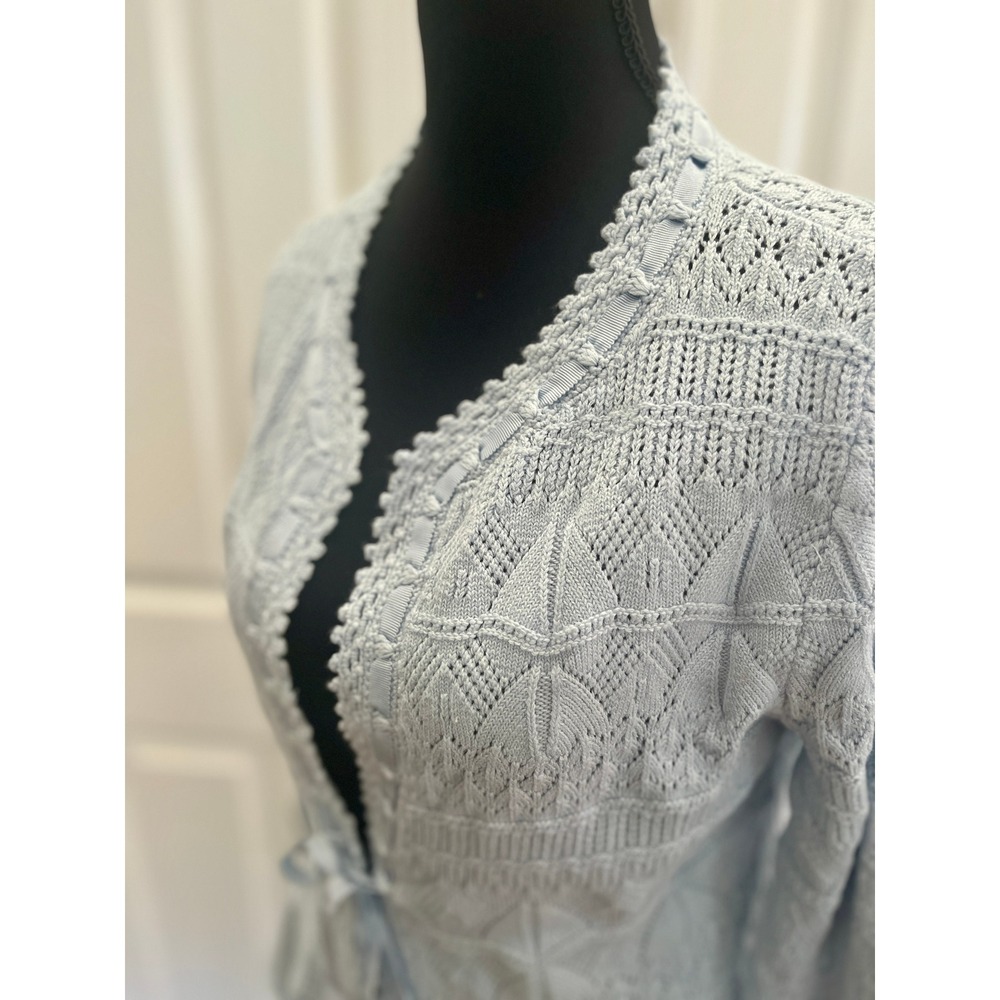 NWT Sundance Blue Knit Lace Cardigan Sweater S Ribbon Tie Front Bell Cuff Peplum